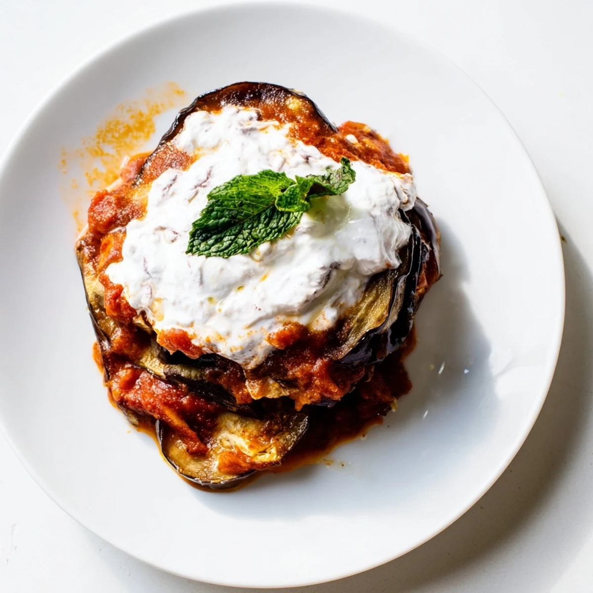 A close view of Borani Banjan, a vibrant Afghan eggplant and tomato casserole.