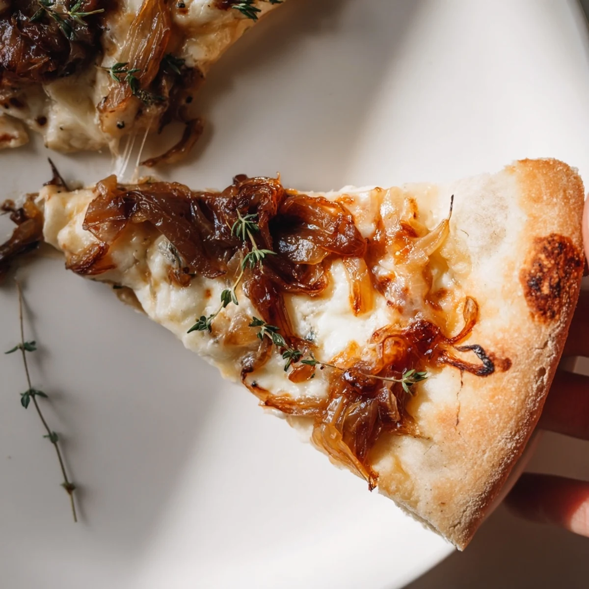 Caramelized Onion Pizza With Melty Cheese fresh from the oven with thyme and fresh ground pepper garnish.