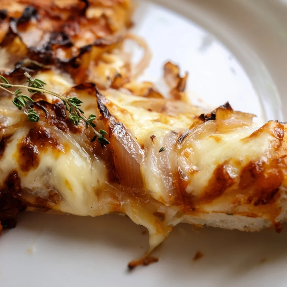 Golden-brown caramelized onion pizza with bubbling mozzarella and fontina cheese on a rustic wooden cutting board.