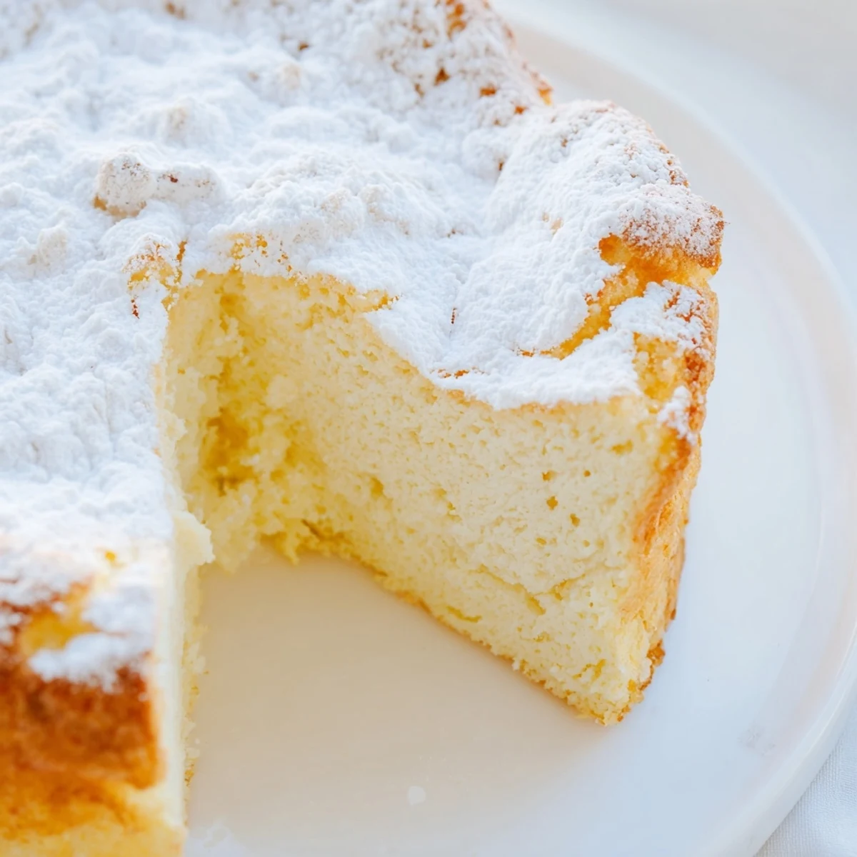 Golden brown Fluffy Yogurt Cloud Cake with a soft, airy crumb shows a close-up texture in natural light.