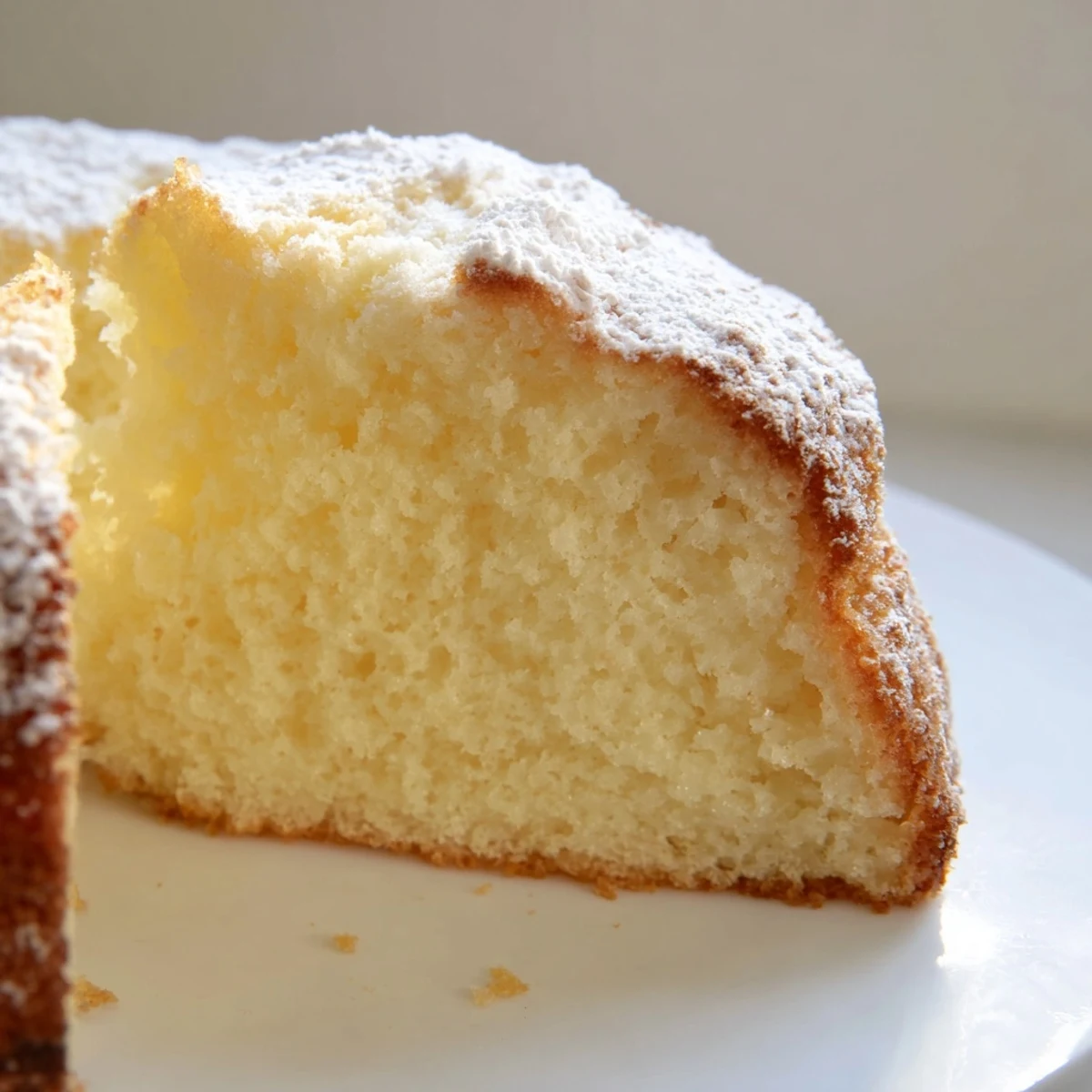 Fluffy Yogurt Cloud Cake sits on a wooden board next to a bowl of fresh strawberries for serving.