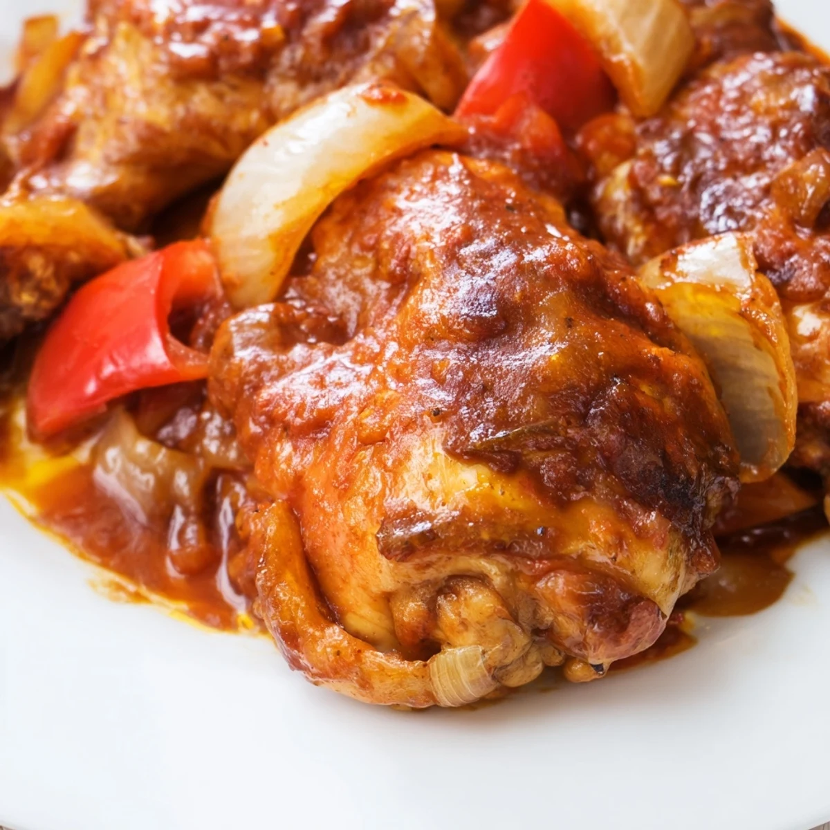 Golden-brown Braised Catalina Chicken thighs simmering in a glossy, tangy-sweet dressing with peppers and onions.