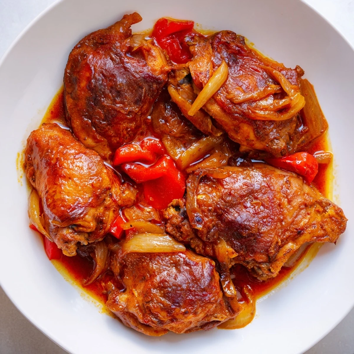 Freshly garnished Braised Catalina Chicken served hot from the skillet, alongside fluffy rice to soak up the sauce.