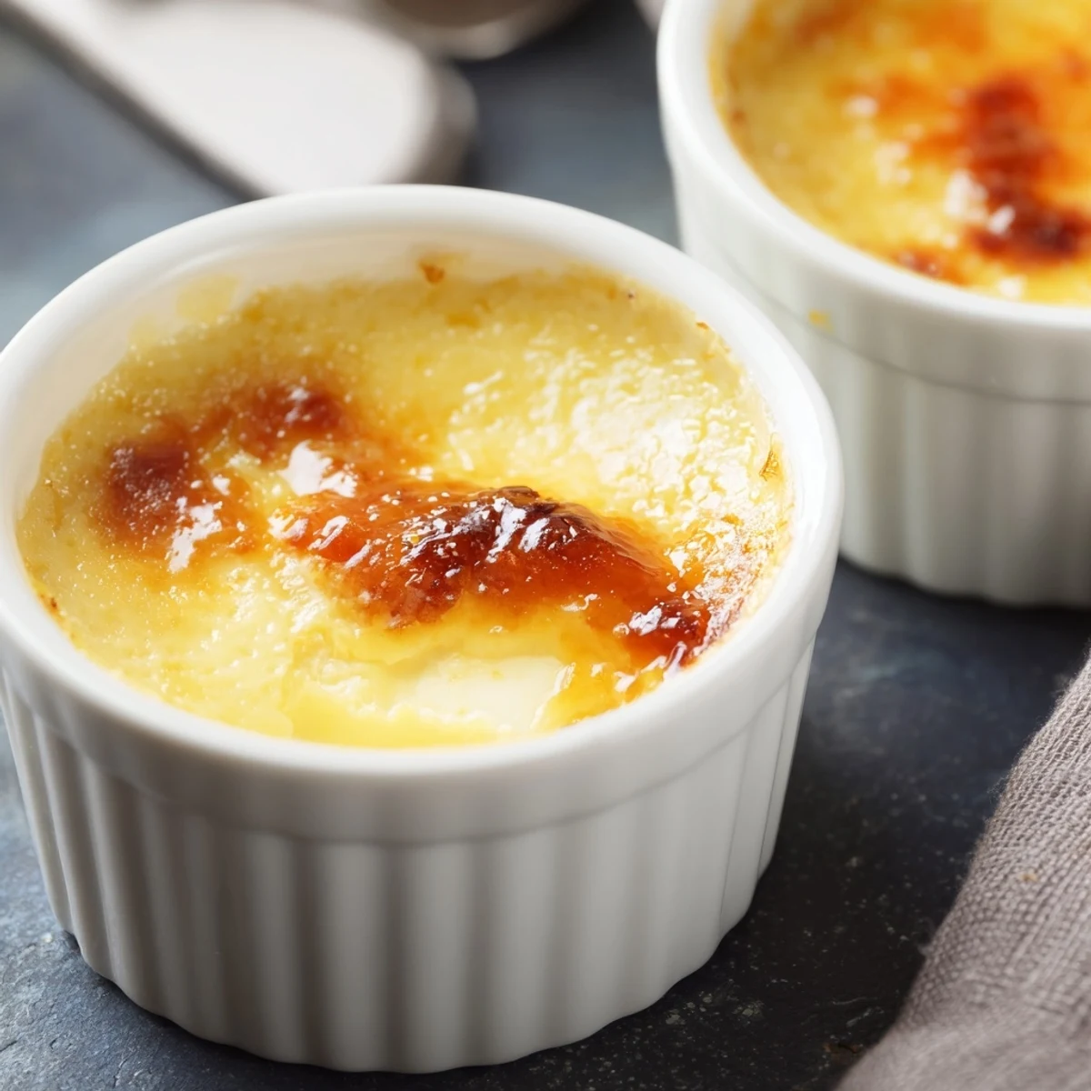 Warm Classic Baked Milk Pudding served in a ramekin with a spoon and cinnamon dusting.