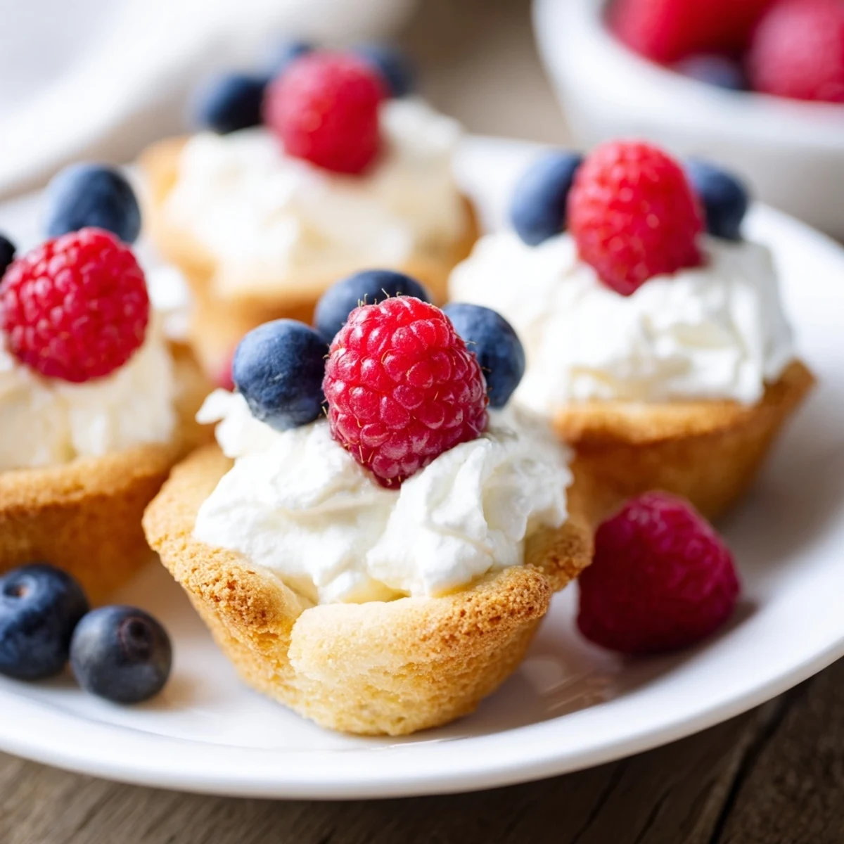 Golden brown Sugar Cookie Cups arranged neatly on a white plate, filled with fluffy whipped cream and fresh berries.