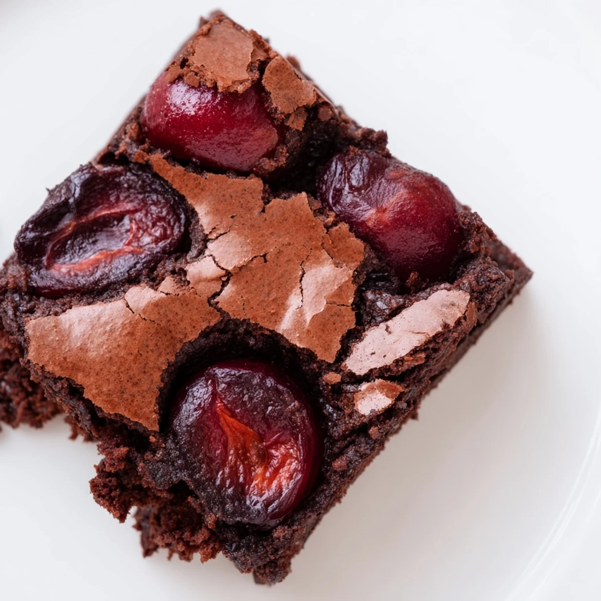 A close-up of Roasted Cherry Brownies, showcasing juicy roasted cherry pieces and a crackly fudgy top.