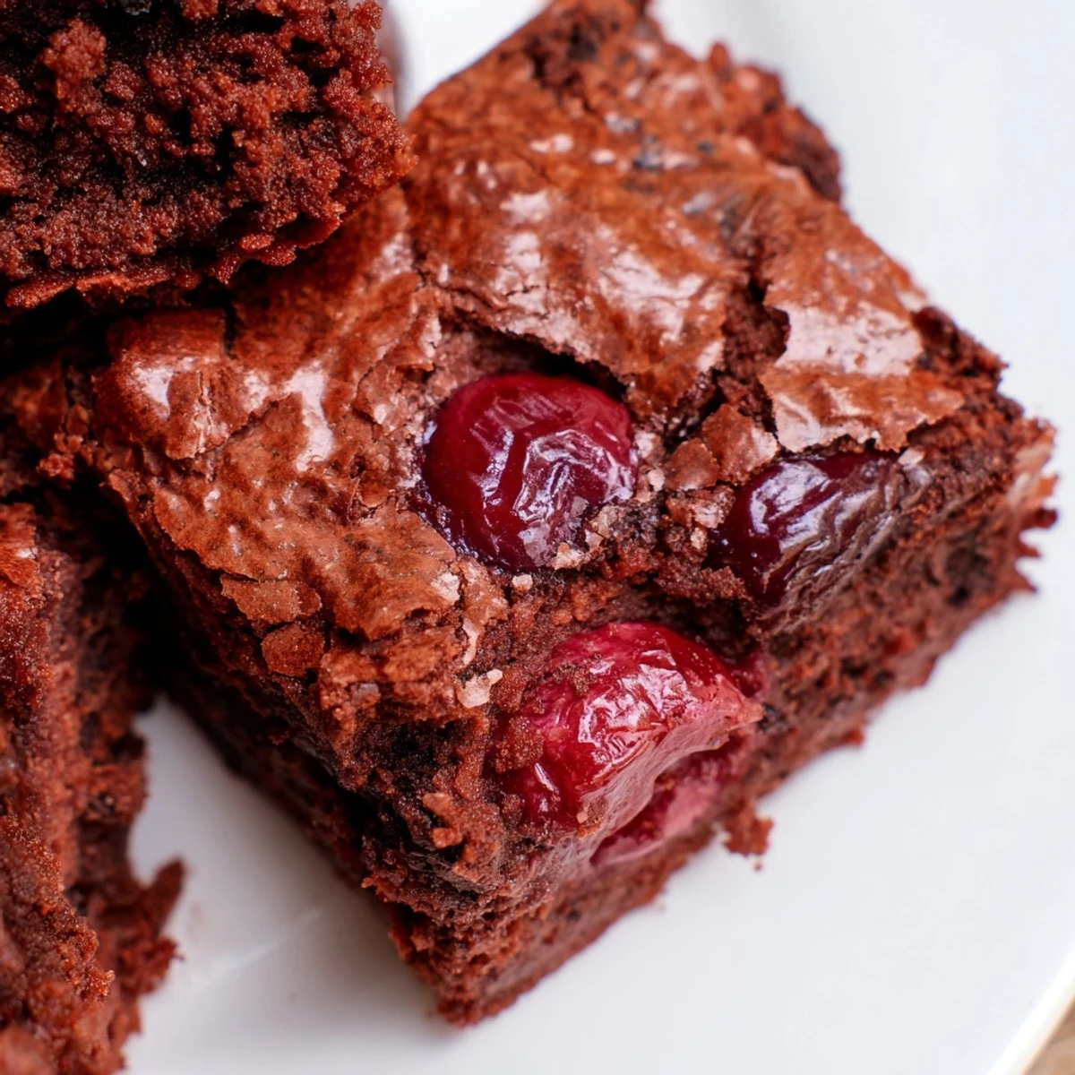 Fudgy Roasted Cherry Brownies with gooey roasted cherries and dark chocolate on a rustic wooden board.