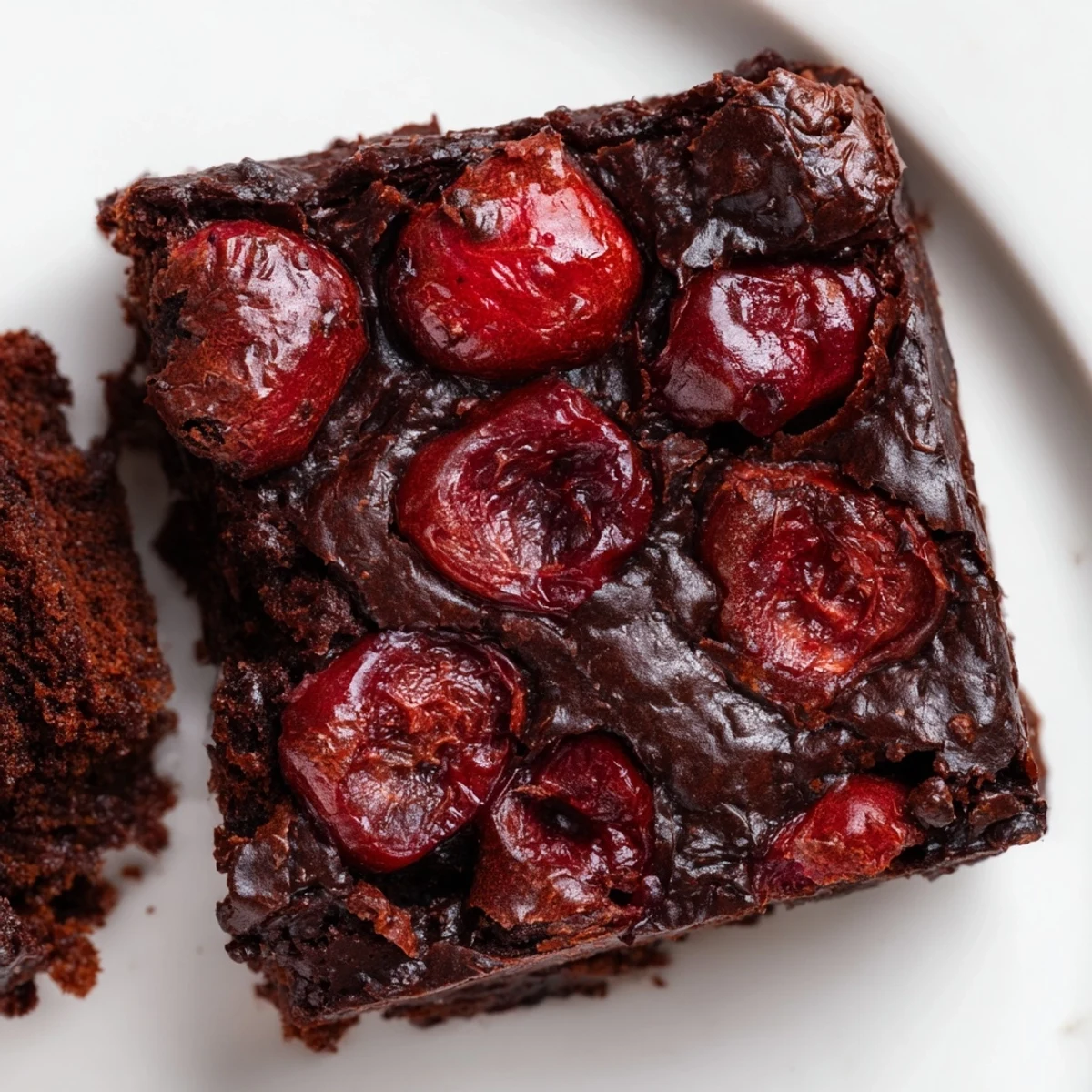 Roasted Cherry Brownies stacked on a white plate, ready to serve warm with a scoop of vanilla ice cream.