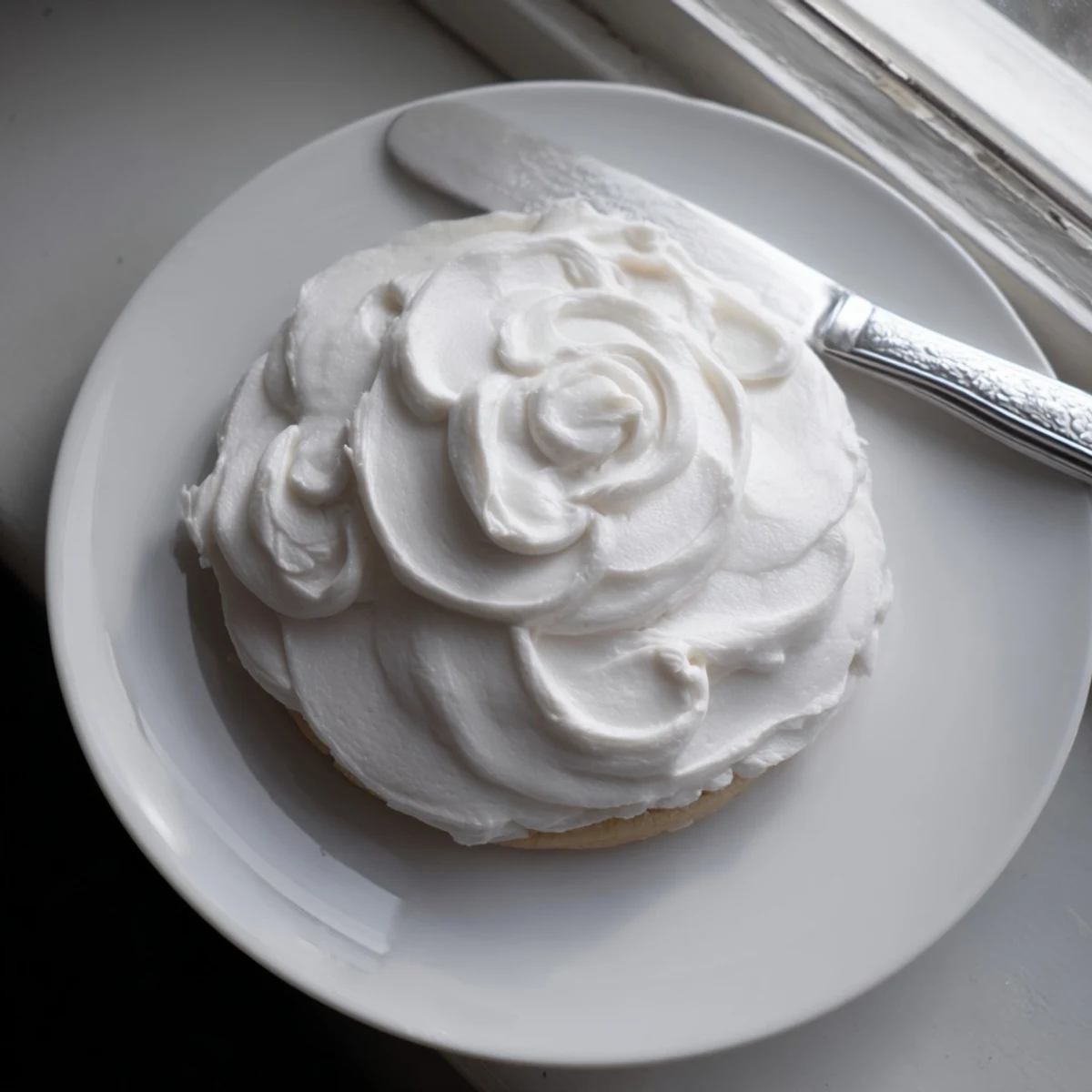 Creamy white Easy Sugar Cookie Frosting is spread with a spatula over round sugar cookies on a baking sheet.