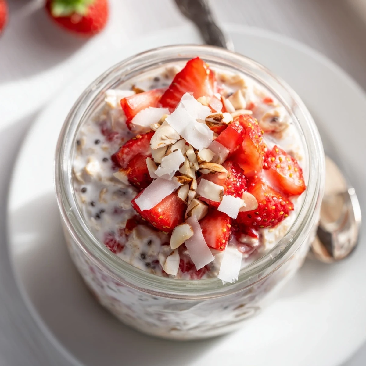 Creamy Strawberry Overnight Oats topped with fresh strawberry slices in a glass jar.