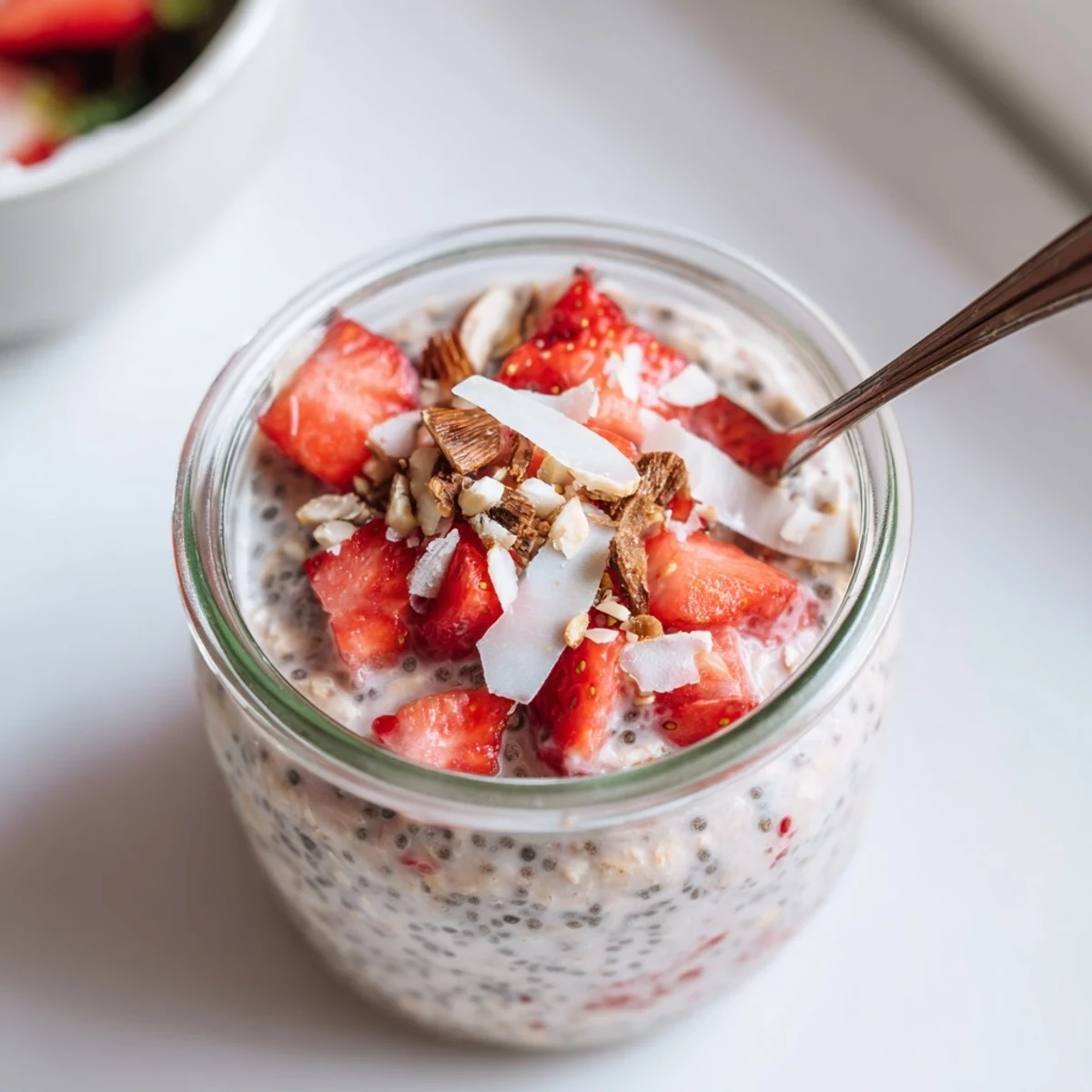 Strawberry Overnight Oats served chilled with sliced almonds and a drizzle of honey.