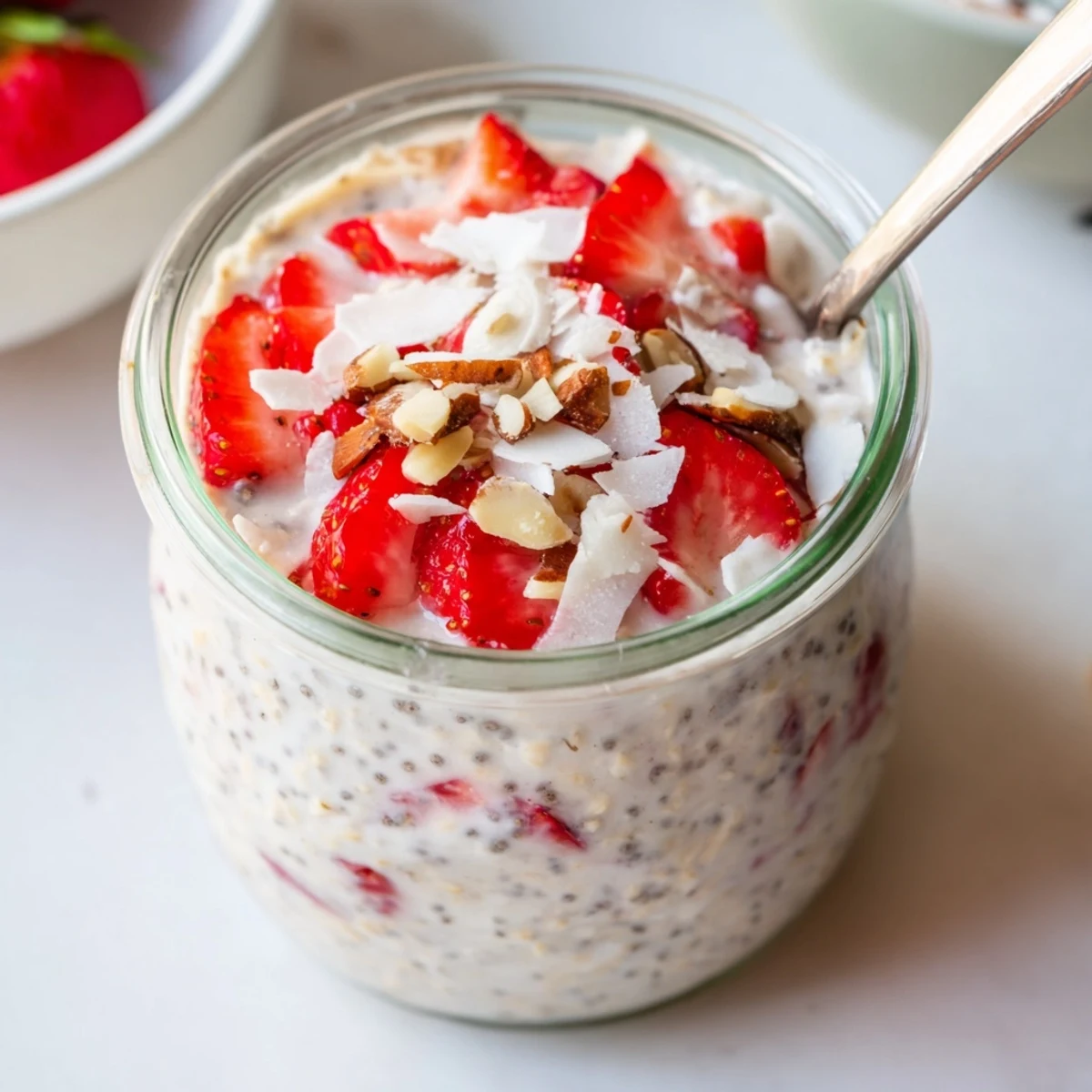 Strawberry Overnight Oats layered with chia seeds and honey for a wholesome breakfast.