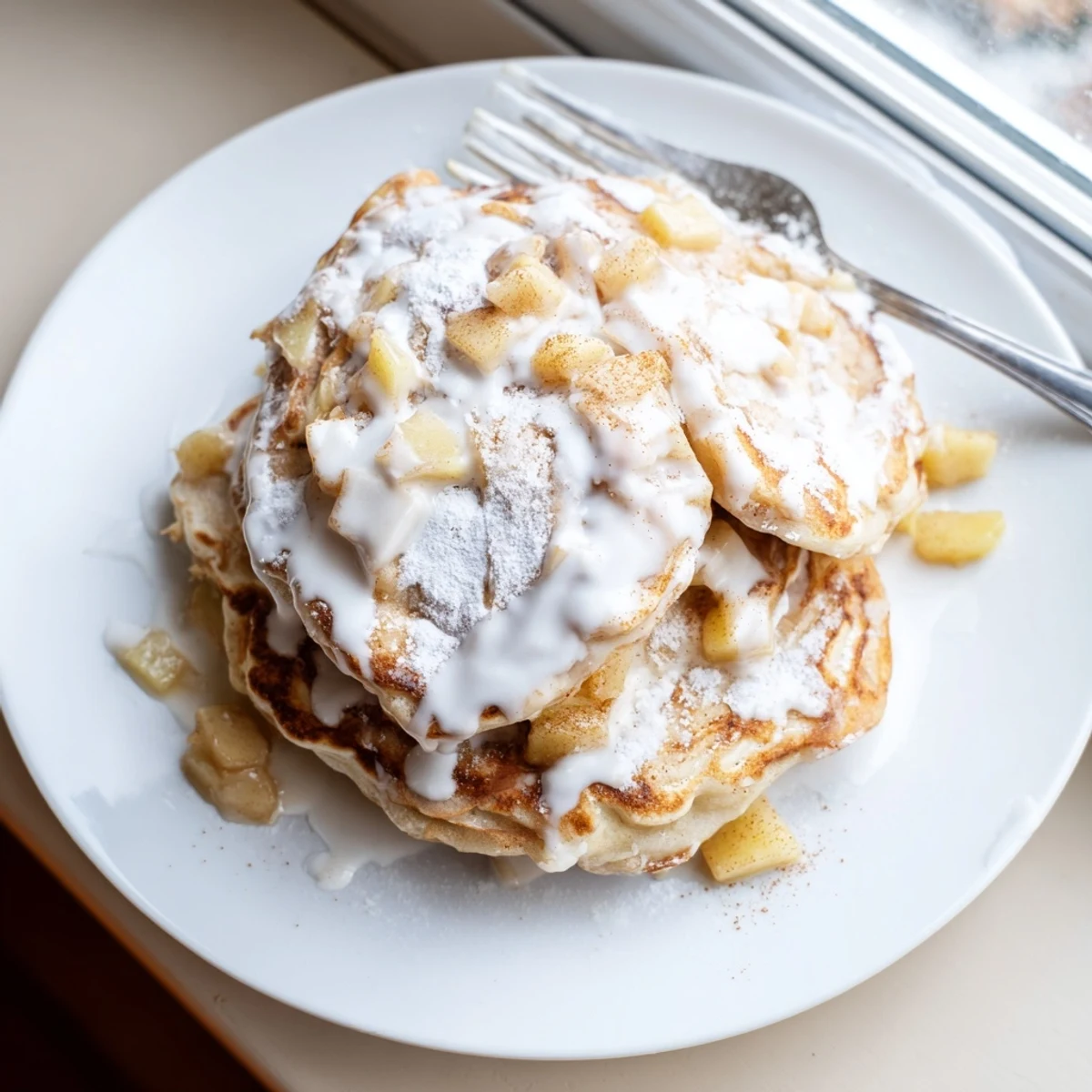 Golden Apple Fritter Pancakes sizzle in a skillet, ready to be topped with maple syrup.