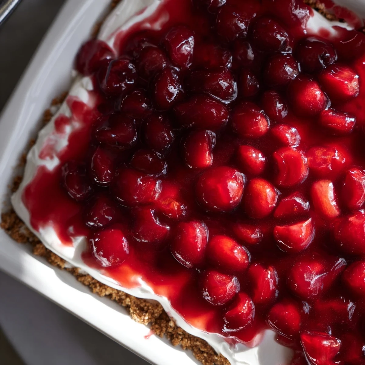 A close-up view of Classic Cherry Delight in a glass dish, showcasing bright red cherry pie filling glistening over a smooth cream cheese layer and golden graham cracker crust.