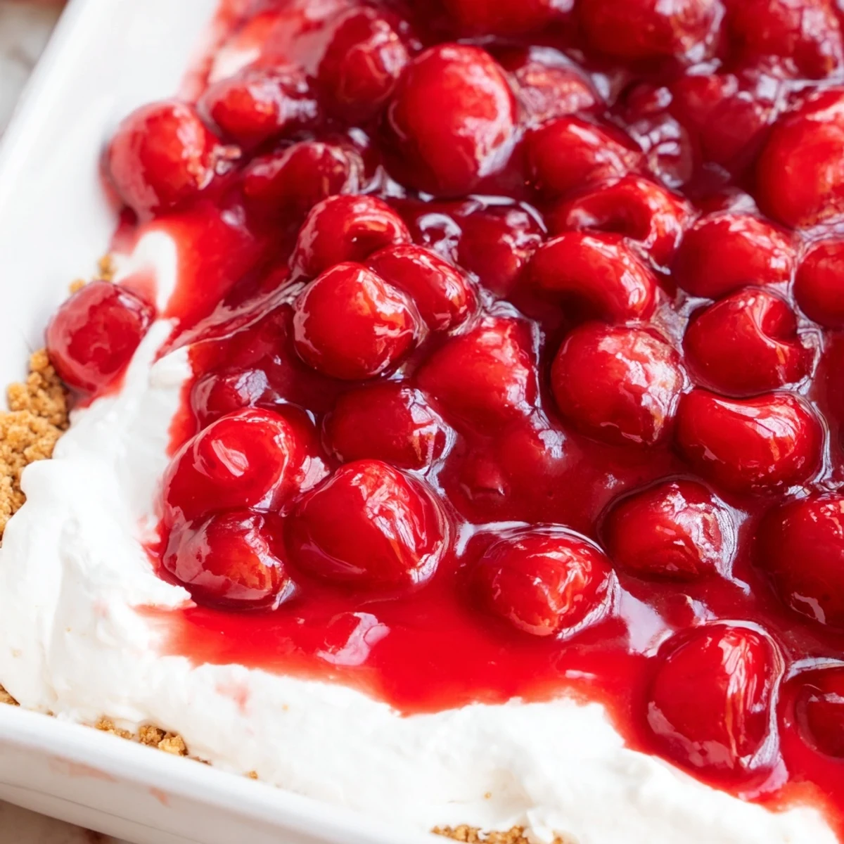 Classic Cherry Delight served chilled on a white plate, featuring a colorful cherry topping that contrasts beautifully with the fluffy cream cheese filling and crunchy base.