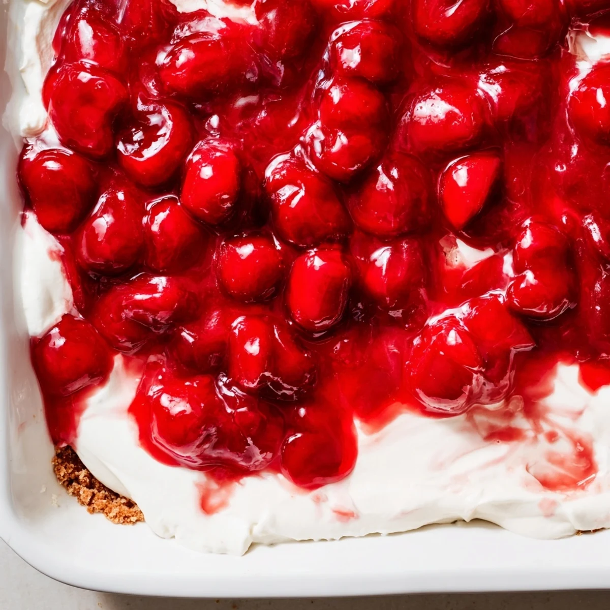 A slice of Classic Cherry Delight being lifted with a spatula, revealing creamy vanilla layers and a sturdy, buttery crust perfect for a summer potluck.