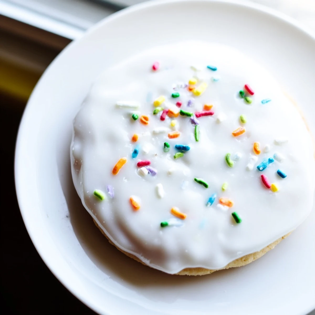 A close-up of sugar cookie icing being piped onto round cookies, showing its glossy texture and vibrant color.  