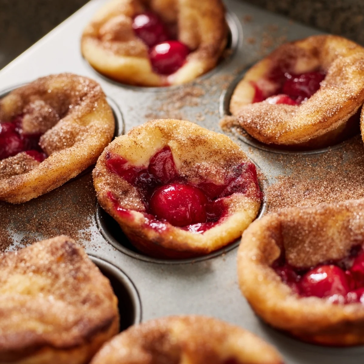Freshly baked Quick Cherry Pie Bites with golden, flaky pastry and glossy red cherry filling cooling on a wire rack.