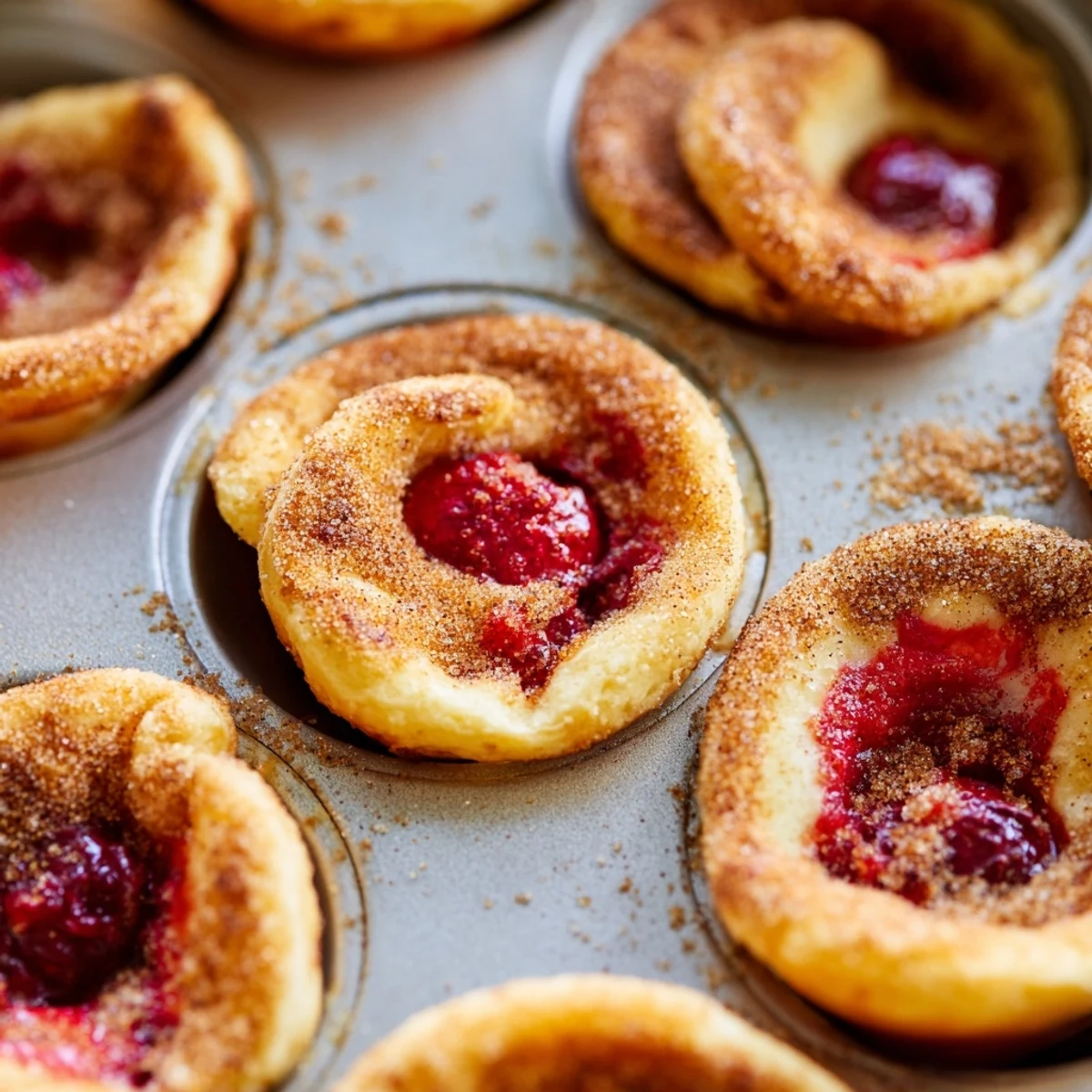 Mini Quick Cherry Pie Bites in a muffin tin, cinnamon-sugar topping sparkling on the bubbly cherry dessert for a party.