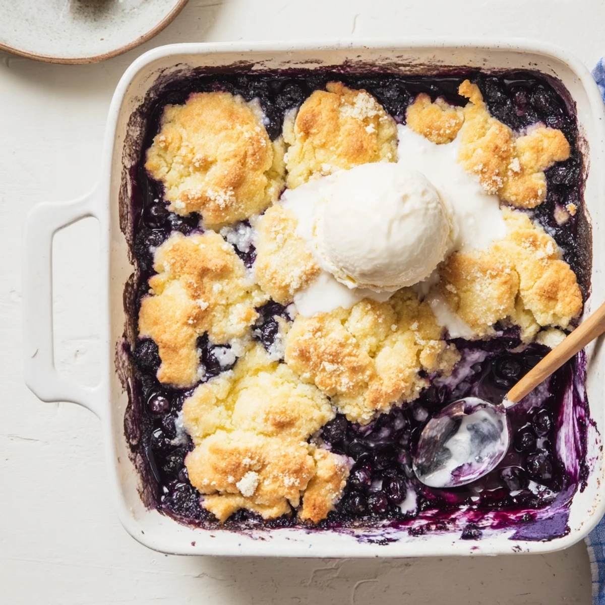 A spoon lifts from a warm serving of Moist Blueberry Cobbler With Frozen Berries, revealing a bubbly, deep purple filling beneath a golden biscuit crust.