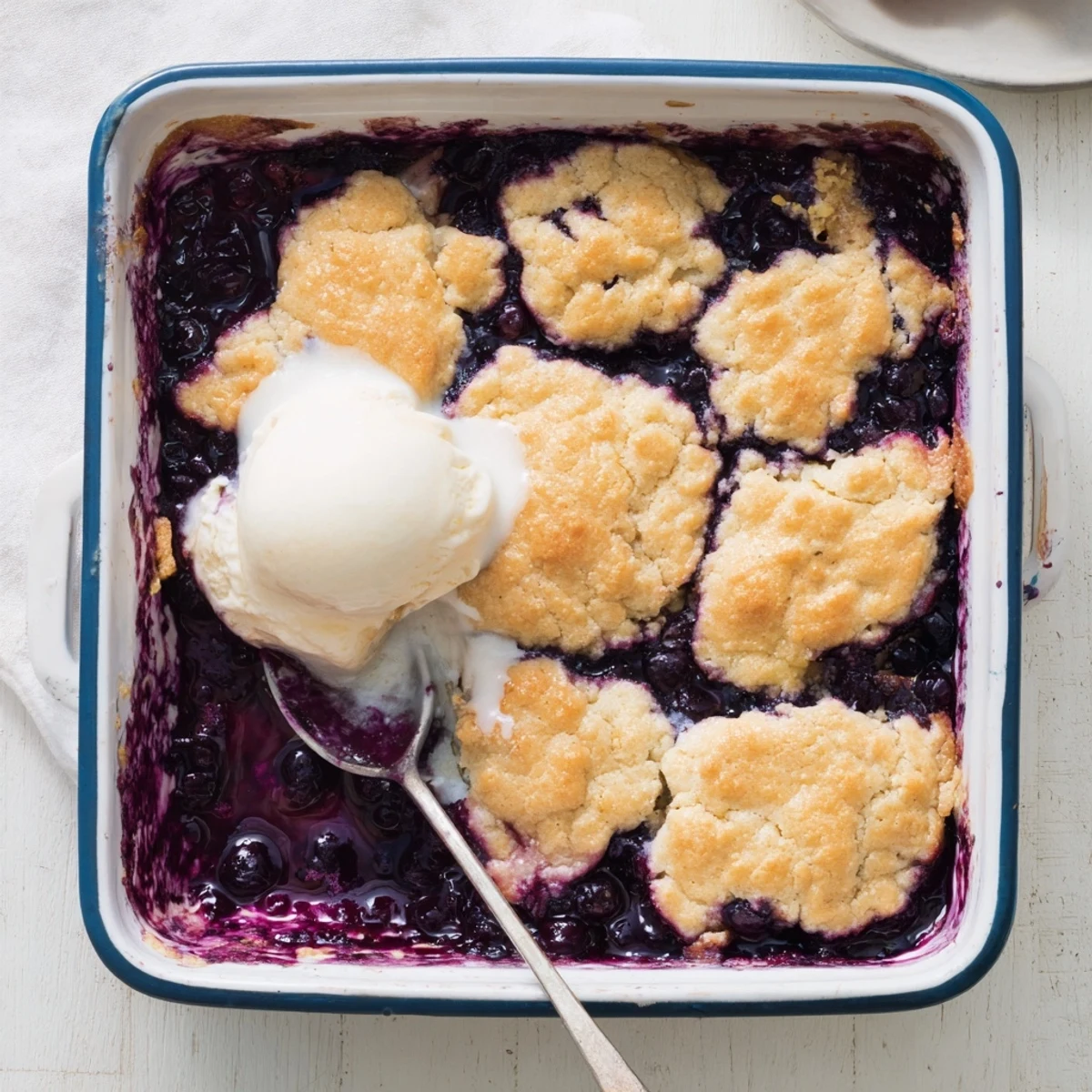 Close-up view of a slice of Moist Blueberry Cobbler With Frozen Berries, showing a moist, tender crumb topping and glistening berry juices ready to serve.