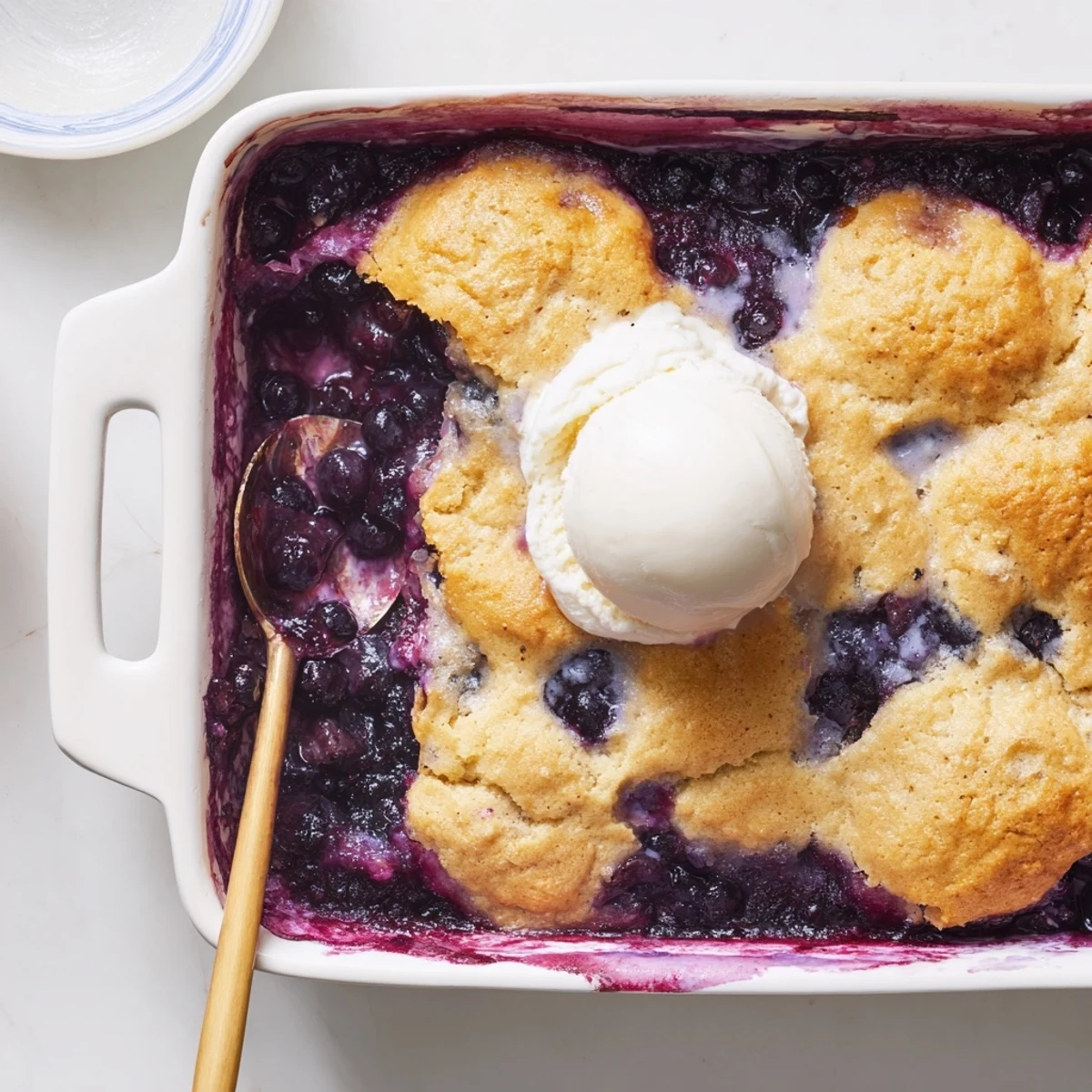 A rustic baking dish holds freshly baked Moist Blueberry Cobbler With Frozen Berries, with steam rising and a scoop of vanilla ice cream melting on top.