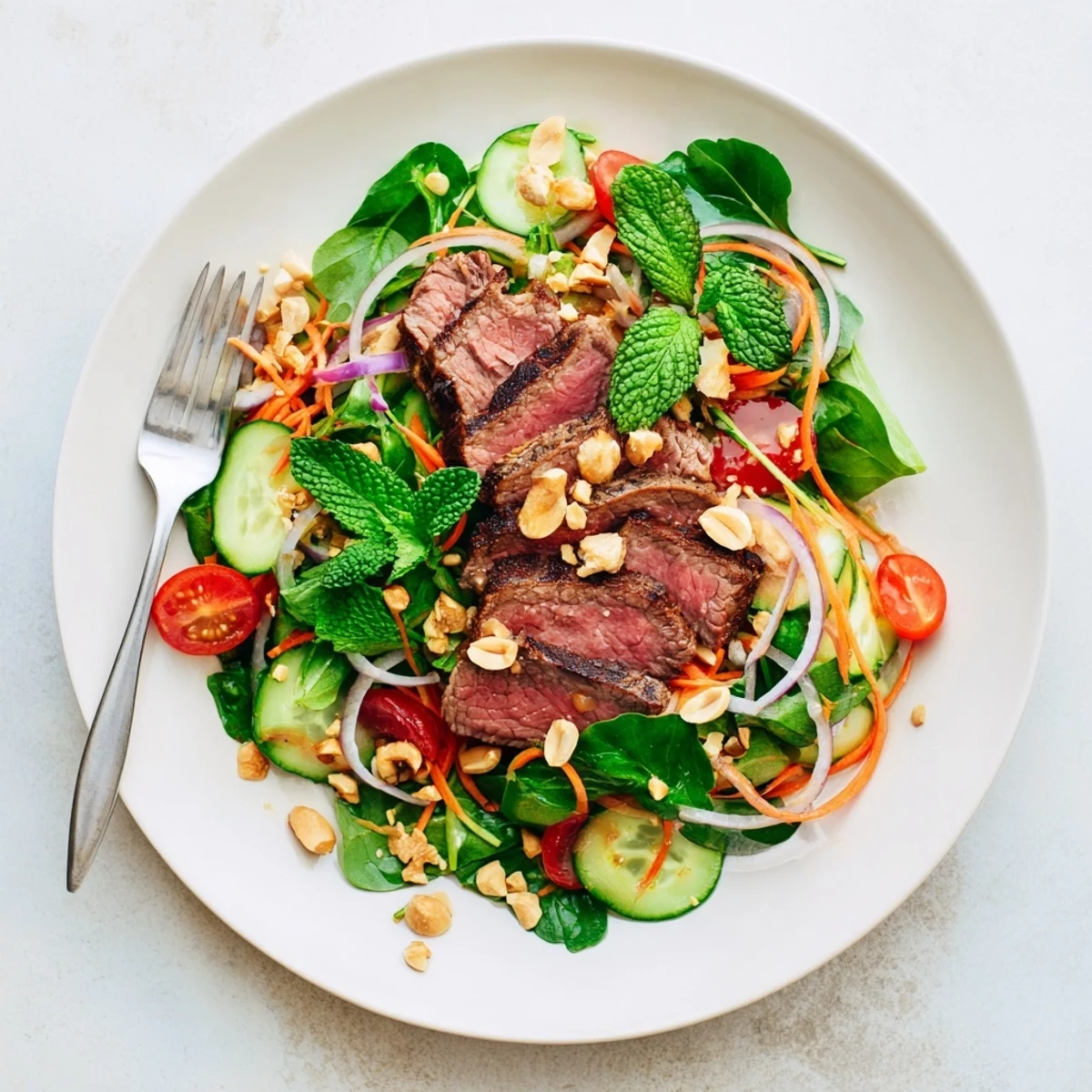 Freshly seared beef slices glisten beside crisp watercress and julienned carrots in this Vietnamese Beef and Watercress Salad, tossed in a tangy lime-fish sauce dressing.