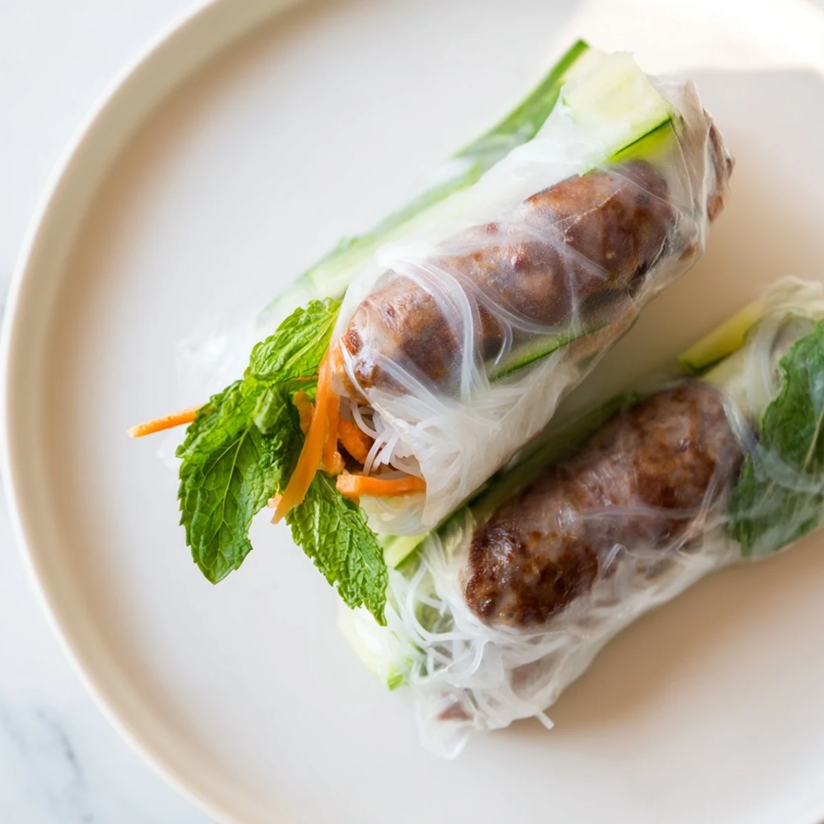 A close-up of Nem Nuong spring rolls revealing tender pork, vibrant carrots, and mint leaves with a small bowl of sauce.