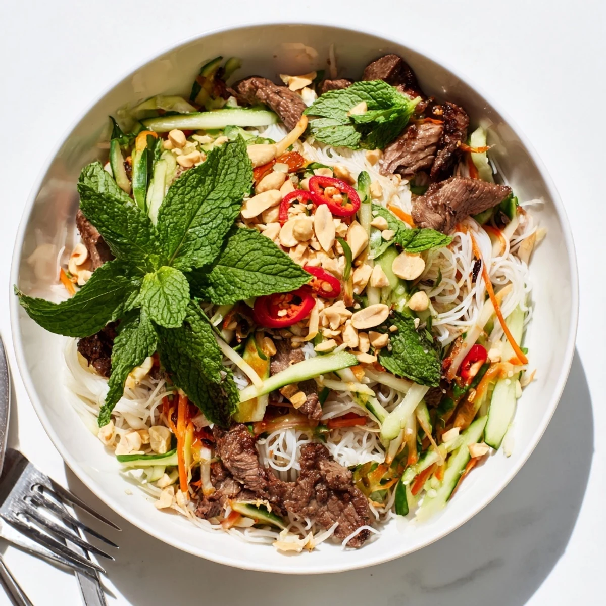 A close-up of Bun Bo Xao, Vietnamese noodle salad with herbs, peanuts, and tangy dressing.