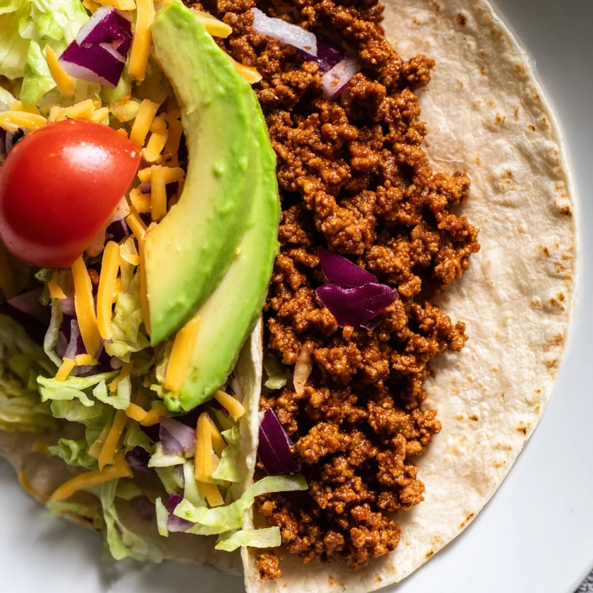 Golden corn tortillas cradling savory vegetarian ground beef tacos, garnished with fresh cilantro and a squeeze of lime.