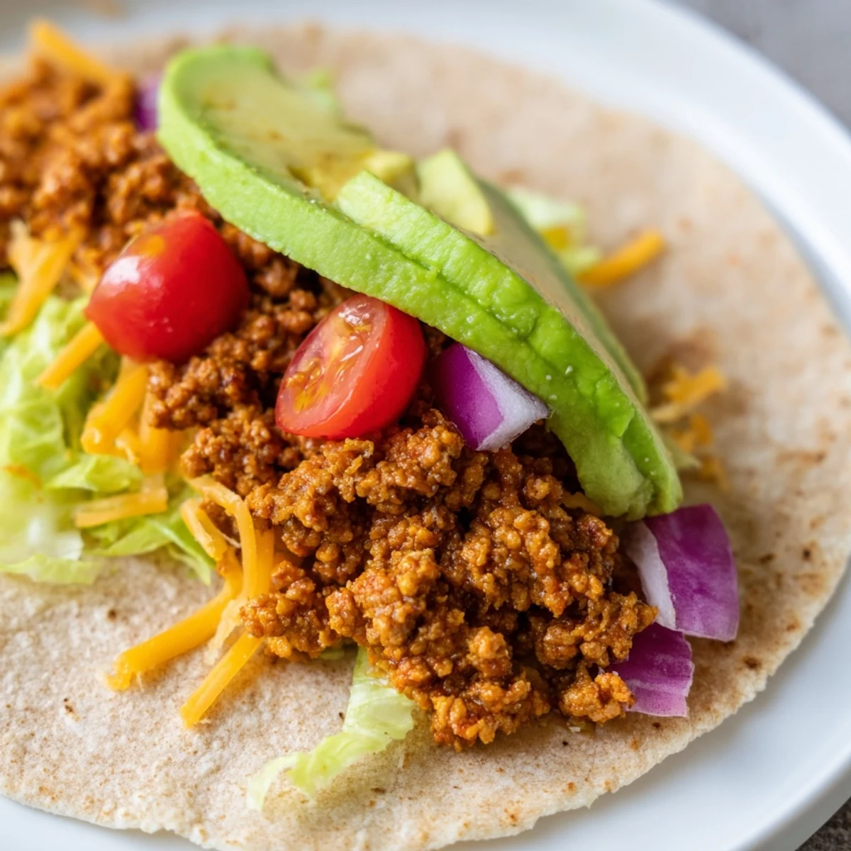 Fully assembled vegetarian ground beef tacos with cheddar cheese, red onion, and cherry tomatoes on a rustic plate.