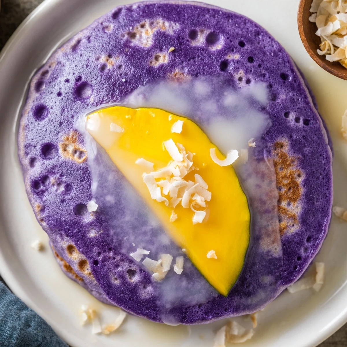 Golden-brown Ube Mochi Pancakes sizzling in a buttered skillet, ready for a weekend brunch.
