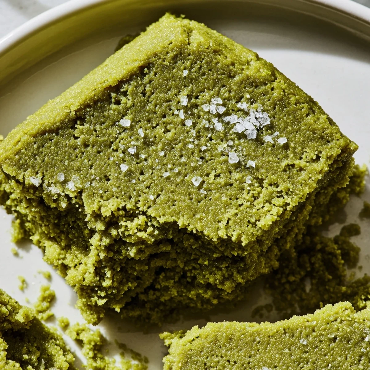 A square slice of 5-Ingredient Matcha Halva rests on a white plate, its vibrant green interior visible next to a cup of green tea.