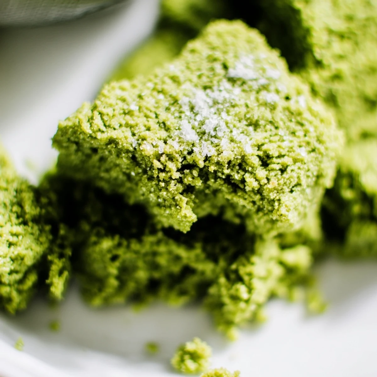 Overhead view of 5-Ingredient Matcha Halva in a glass dish, garnished with a light dusting of matcha powder and a small whisk.