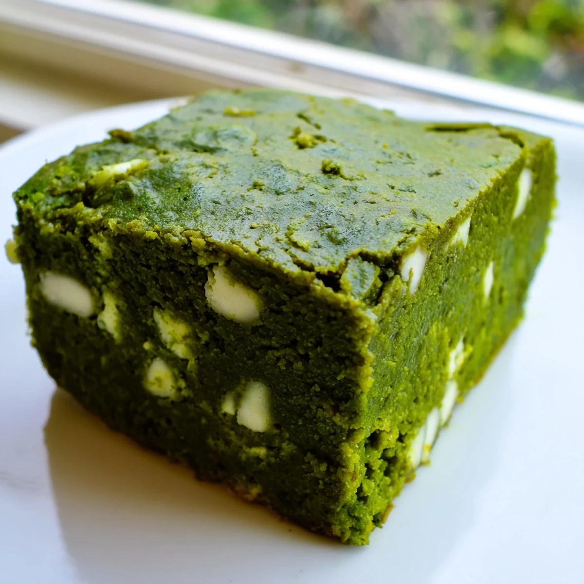 A stack of Matcha Brownies reveals a moist, fudgy interior and vibrant green matcha swirls, ideal for a tea party.
