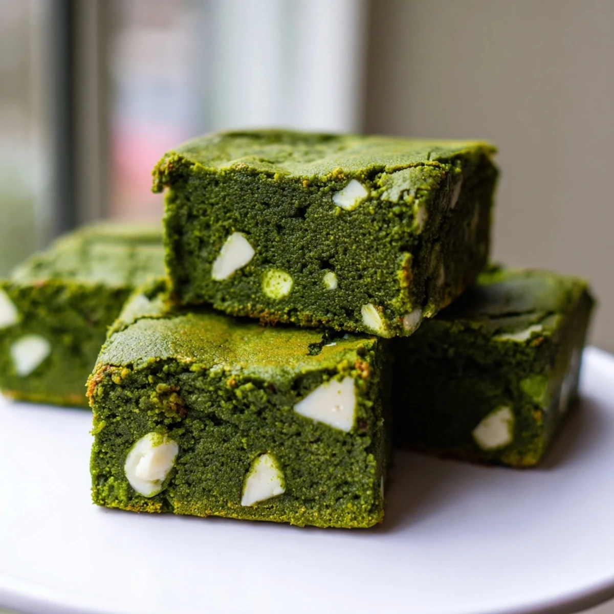Freshly cut Matcha Brownies arranged on a wooden board with a dusting of powdered sugar and a cup of matcha.