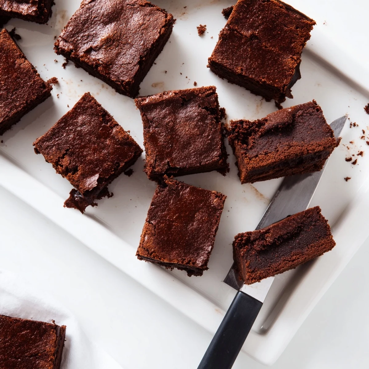 Freshly baked Fudgy Brown Butter Mochi Brownies sit on a wooden board, their crackly tops glistening under warm kitchen light.
