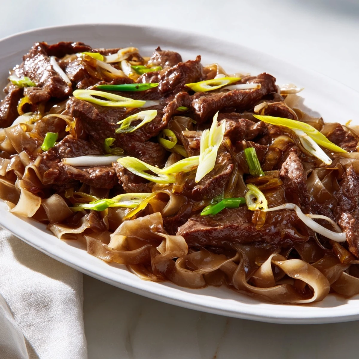 Serve Beef Chow Fun hot in a skillet with spring onions, perfect for a family-style dinner.