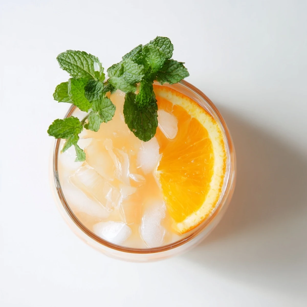 A refreshing glass of Coconut Orange Glow with bright orange slices and fresh mint leaves on a sunny counter.