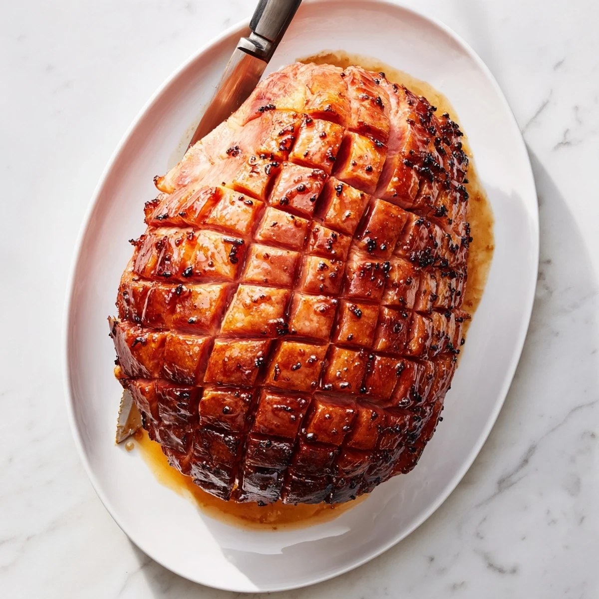 Golden Baked Ham with Maple Dijon Glaze glistening with a sticky, caramelized topping on a rustic serving platter.  