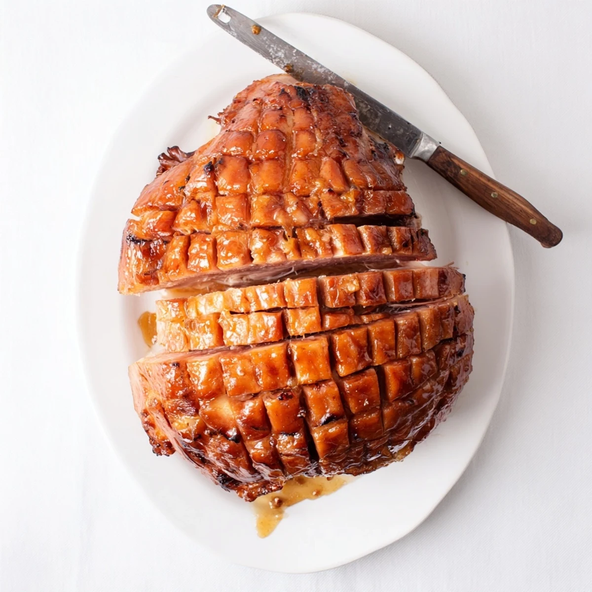 Whole baked ham with maple Dijon glaze resting after roasting, with a background of holiday decorations.