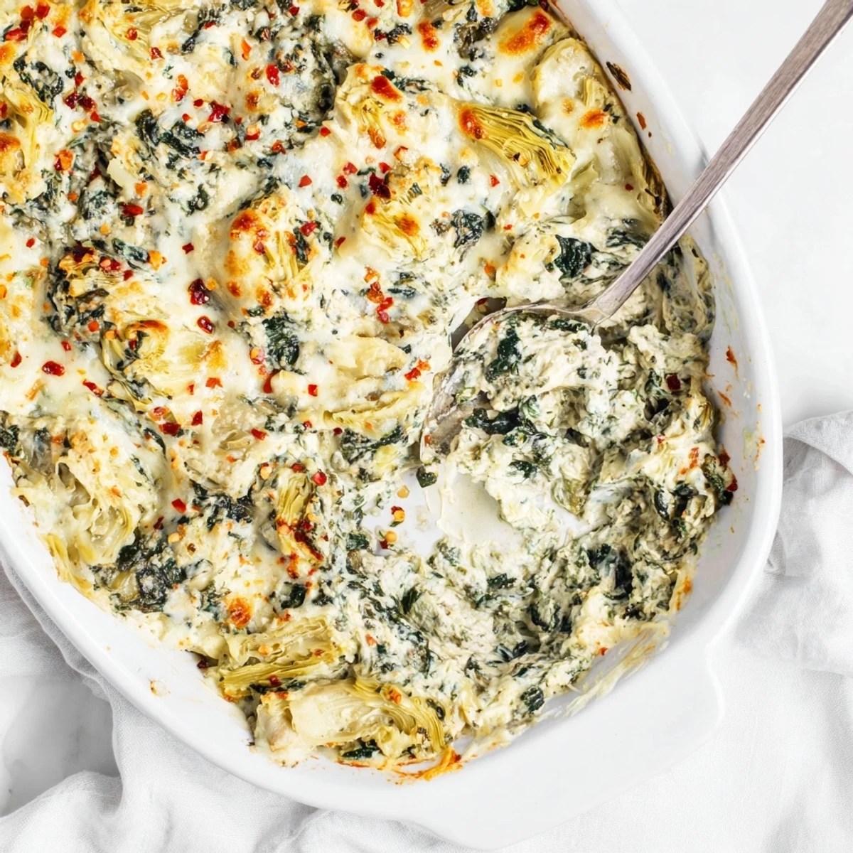 Creamy spinach artichoke dip baked until golden and bubbly in a ceramic dish, served with crisp tortilla chips and fresh veggies.