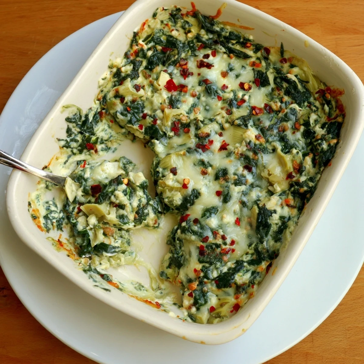 Warm homemade spinach artichoke dip with melted mozzarella and parmesan, perfect for a party platter or game day gathering.