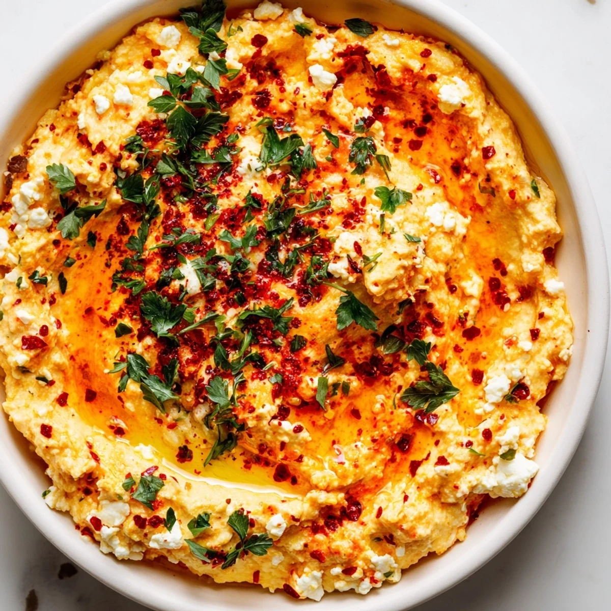 Creamy, zesty Tyrokafteri dip with spicy red pepper flakes on a wooden board beside pita bread.