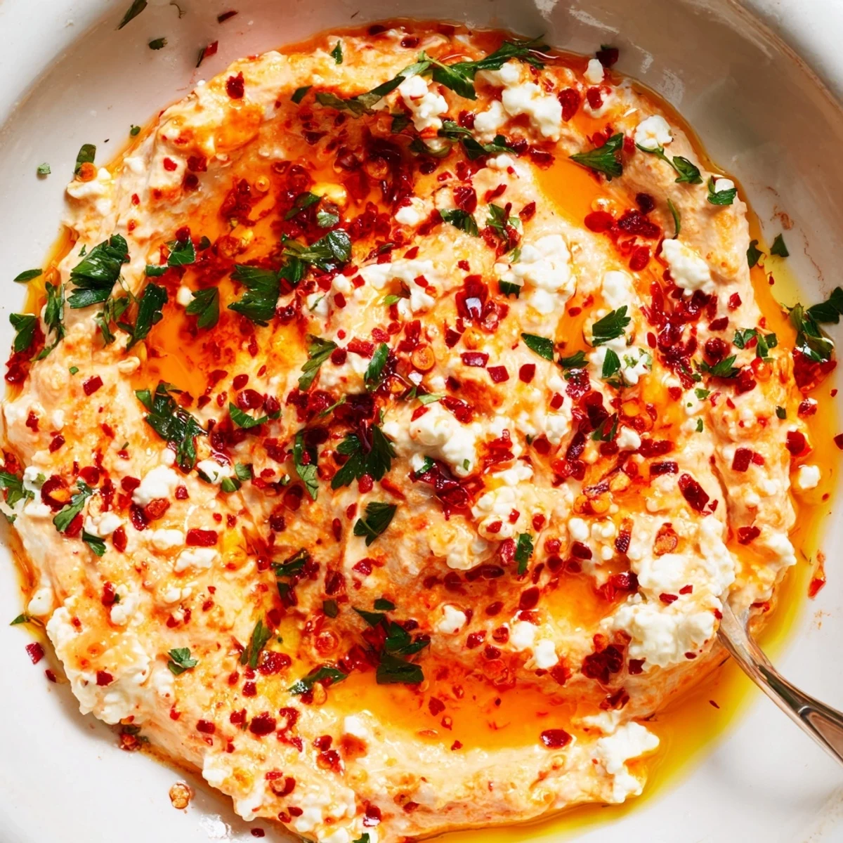 A bowl of whipped Tyrokafteri dip with crumbled feta, red peppers, and lemon, served with vegetables.