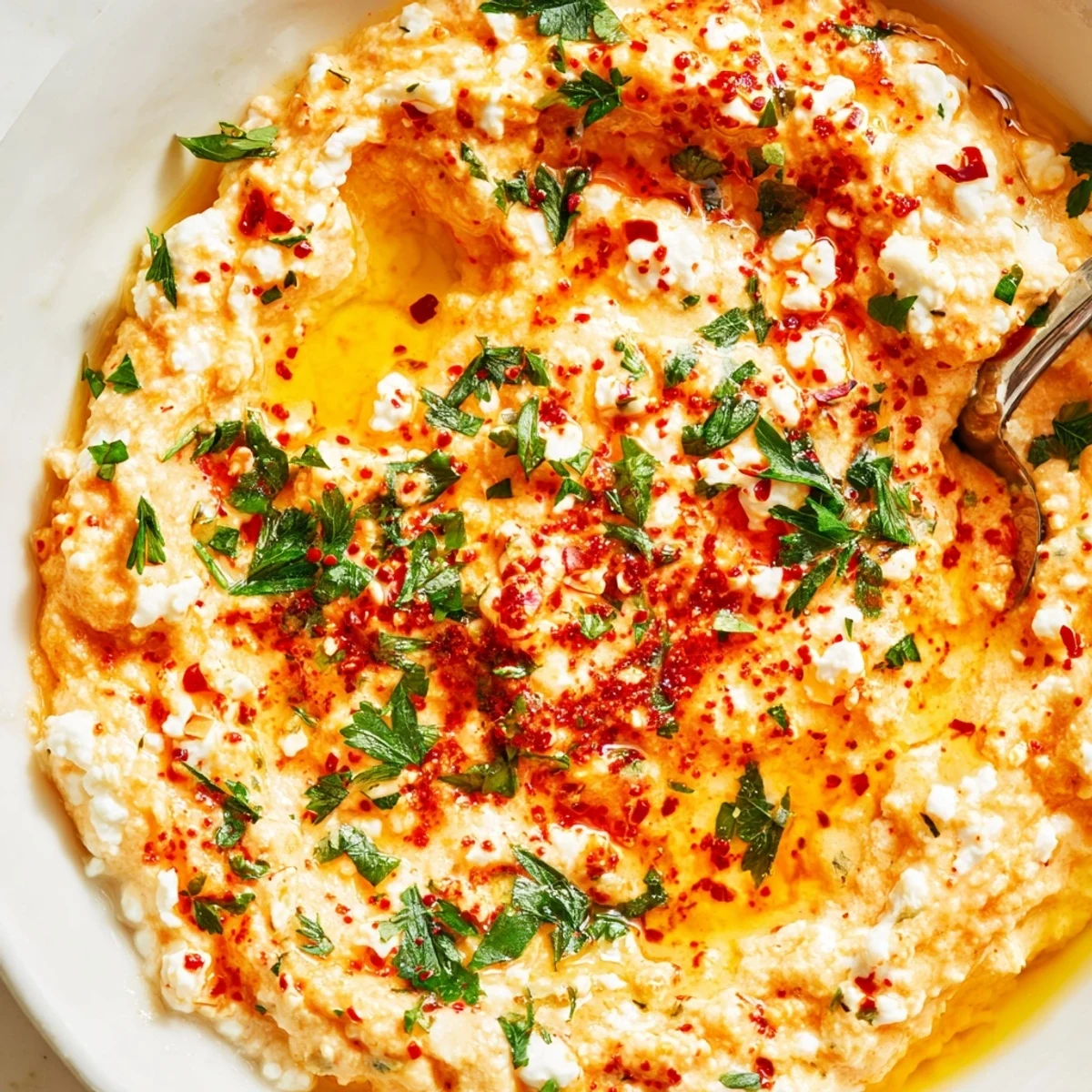 Spicy Greek Tyrokafteri feta dip garnished with parsley and drizzled olive oil on a white plate.