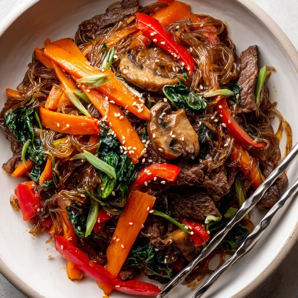 Steaming Korean Beef Noodles with tender beef, springy noodles, and vibrant veggies in a savory sauce.