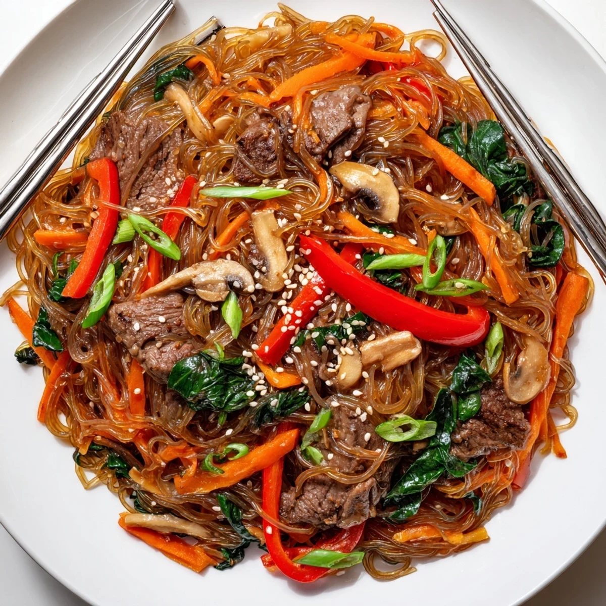 Plated Korean Beef Noodles served with a side of crisp cucumber salad for a fresh contrast.