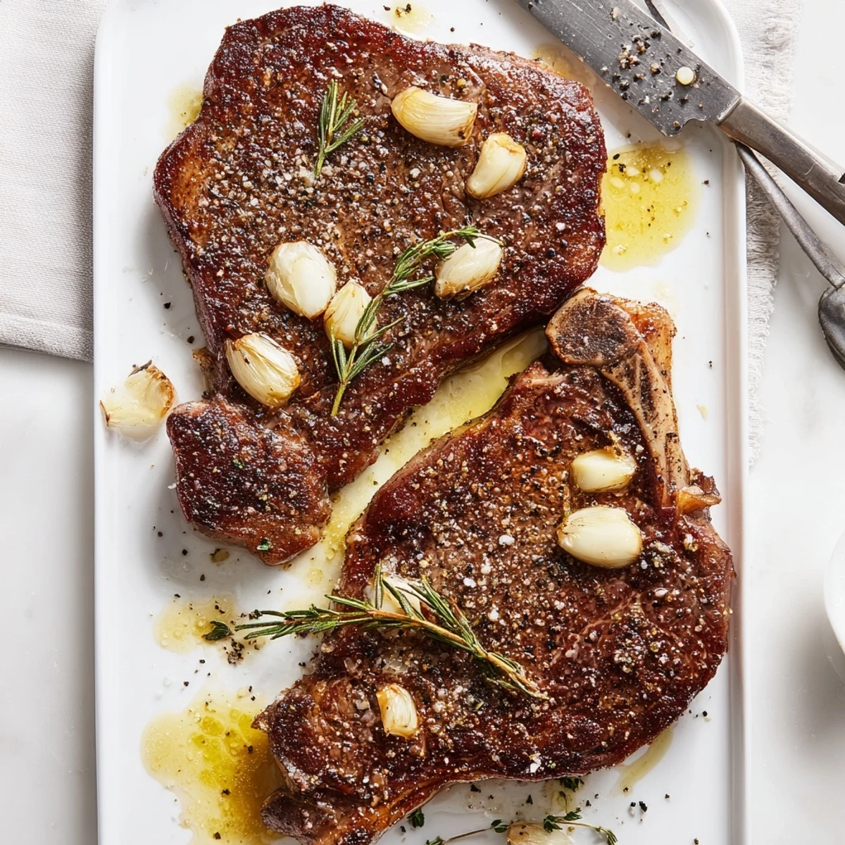 Sizzling pan seared ribeye steak with a rich golden crust and herb butter baste for a juicy bite.