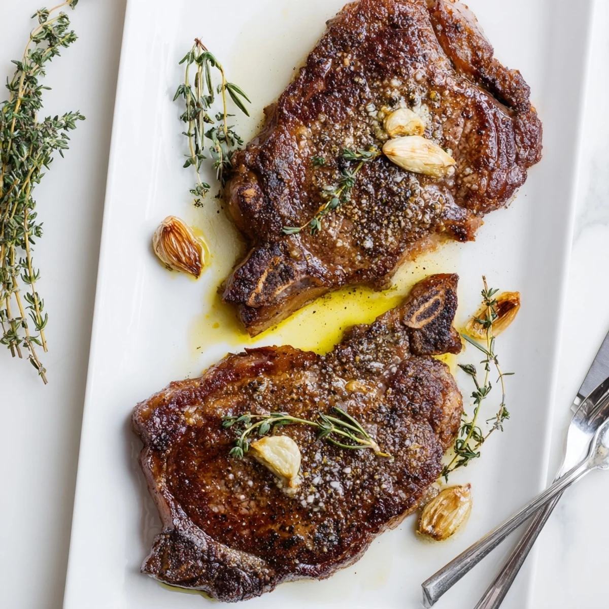 Perfectly seared ribeye steak resting on a wooden board beside roasted potatoes and fresh rosemary sprigs.